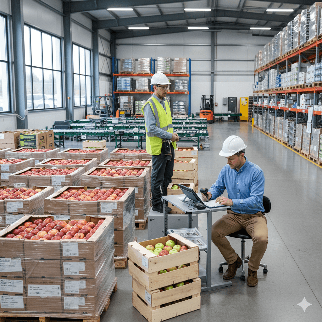 Warehouse workers conducting quality control and inventory management of fresh produce in a modern logistics facility